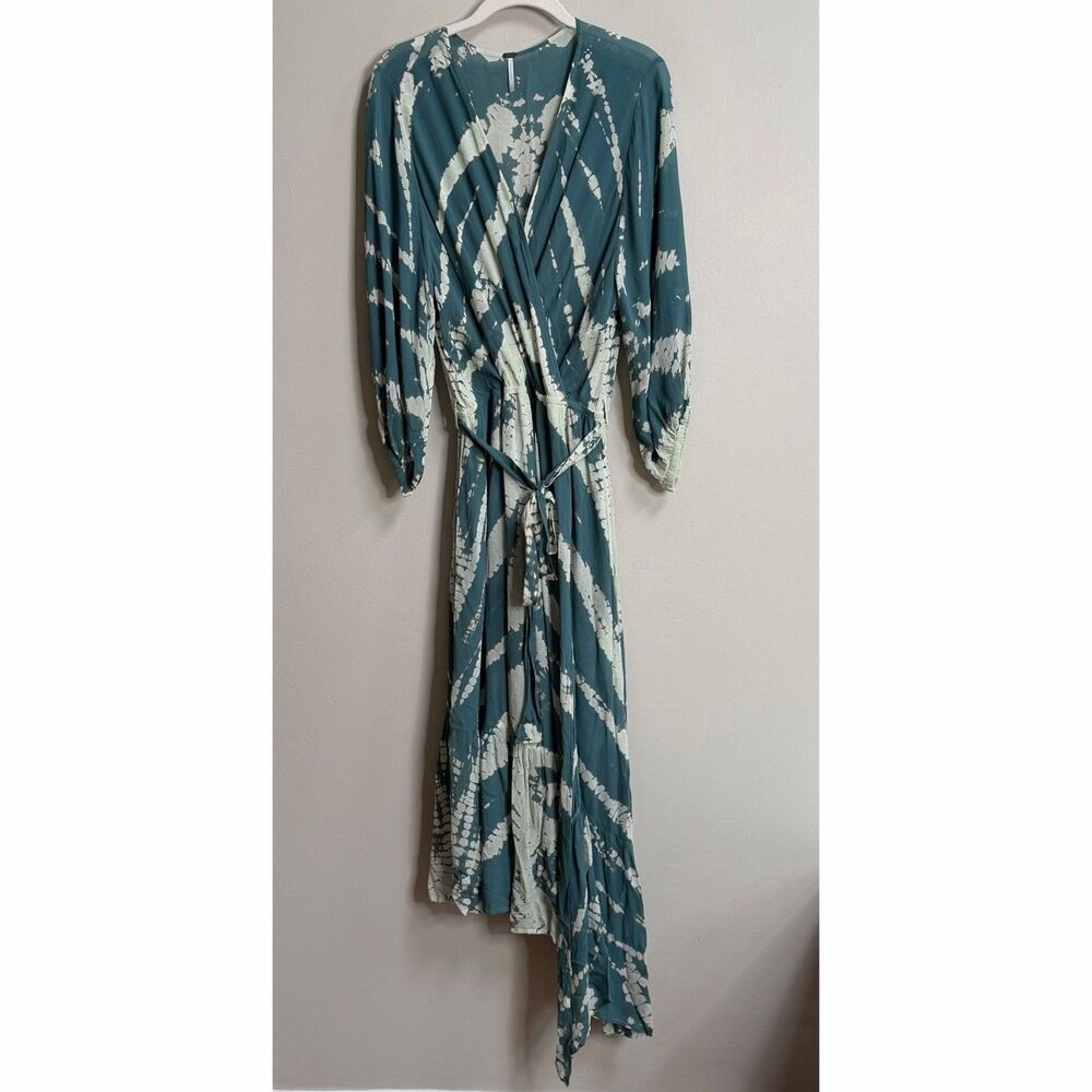 Young Fabulous & Broke Jillian Dusty Teal Tie Dye Faux Wrap Boho Dress Small